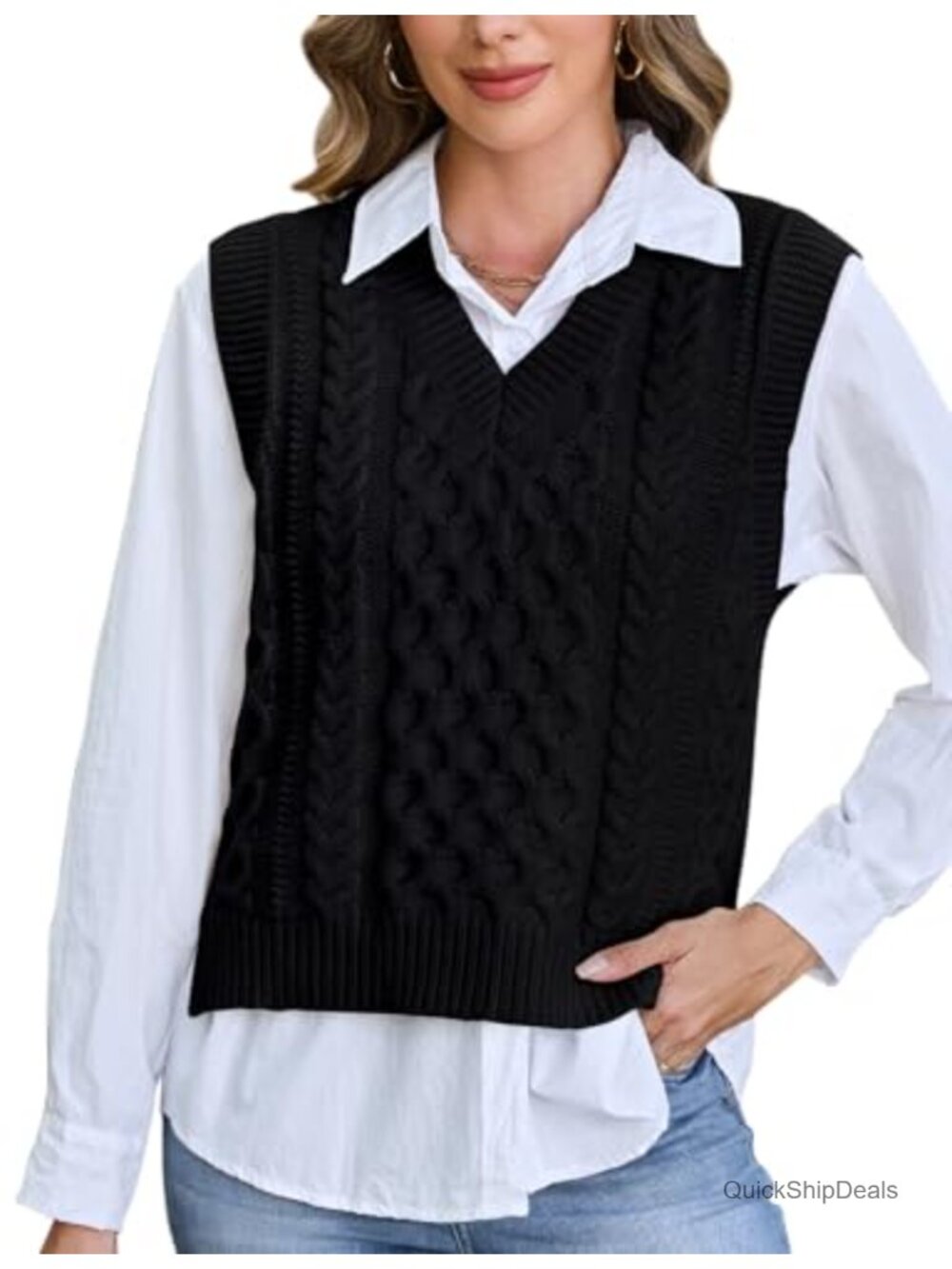 Womens Cable Knit Sweater Vest V Neck Sleeveless Pullover Layering Top